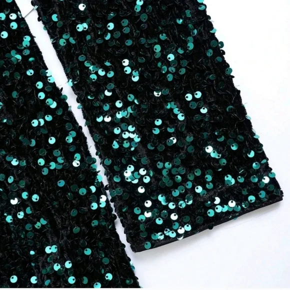 New Glam Full Length Sequin Velvet Gown Dress Long Sleeve Dark Green